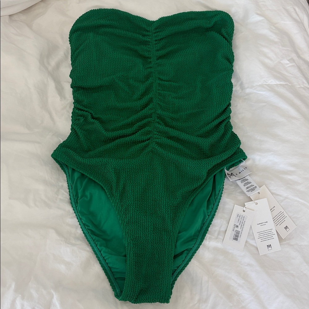 Milly Textured Ruched Strapless One-Piece Swimsuit Large L